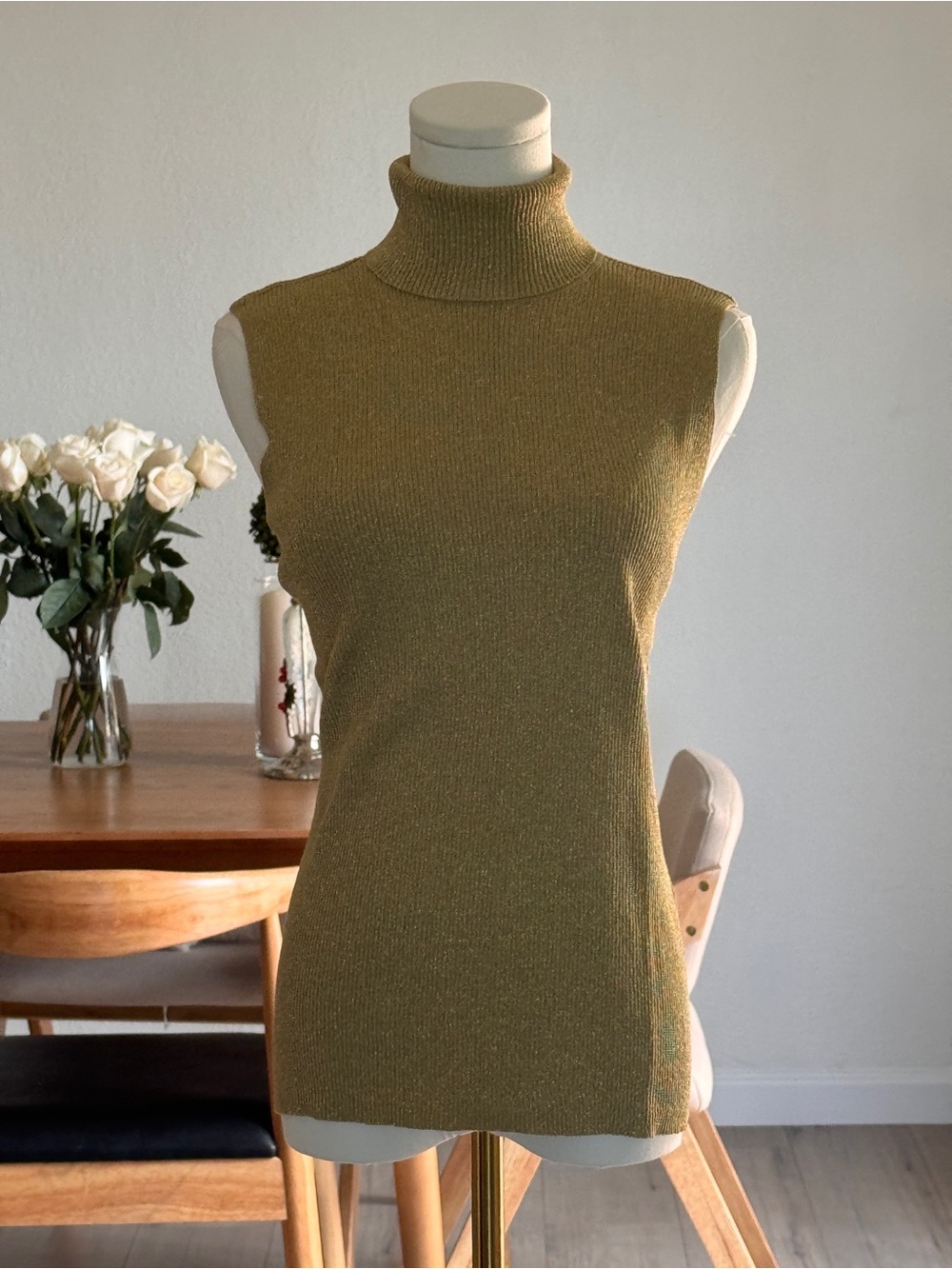 Casual Corner Metallic Silk Sleeveless Turtleneck Sweater Tank Gold XL